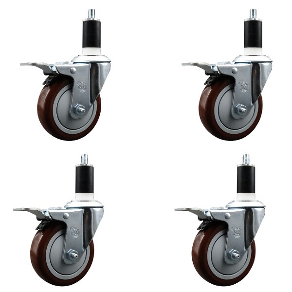 Service Caster 4'' Maroon Poly Swivel 1-3/8'' Expanding Stem Caster Set Total Lock Brake, 4PK SCC-EXTTL20S414-PPUB-MRN-138-4 - main